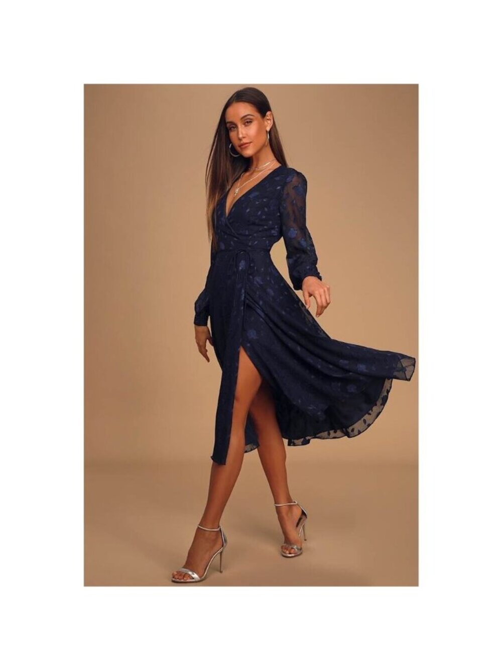 NWT Lulus Evening of Elegance Navy Blue Floral Jacquard Wrap Midi Dress Gala M